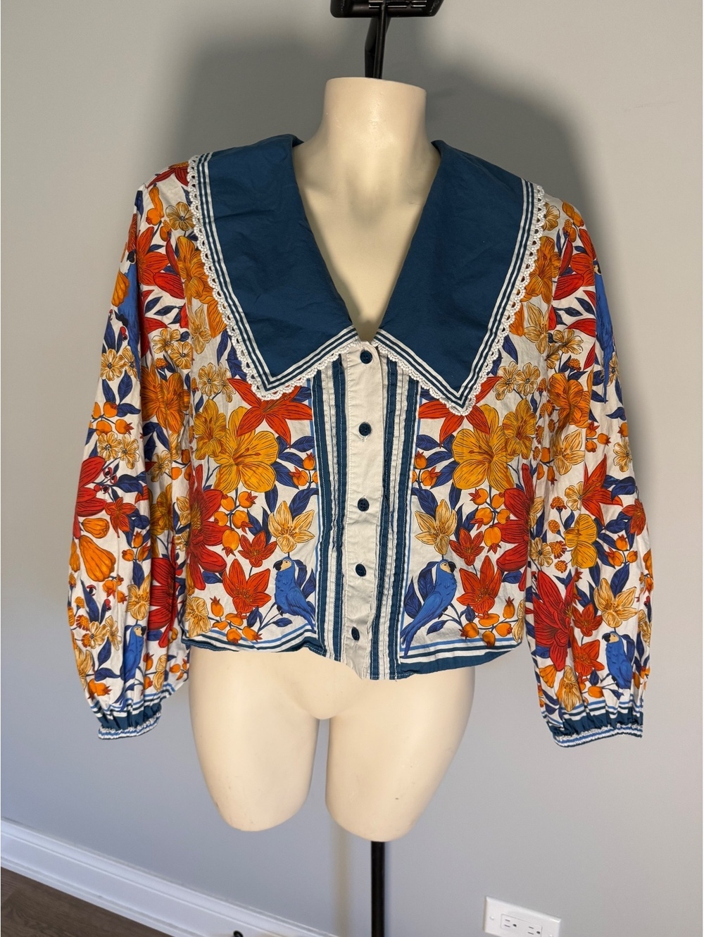 Farm Rio for Anthropologie Floral Button-Up Blouse with Large Collar, Medium